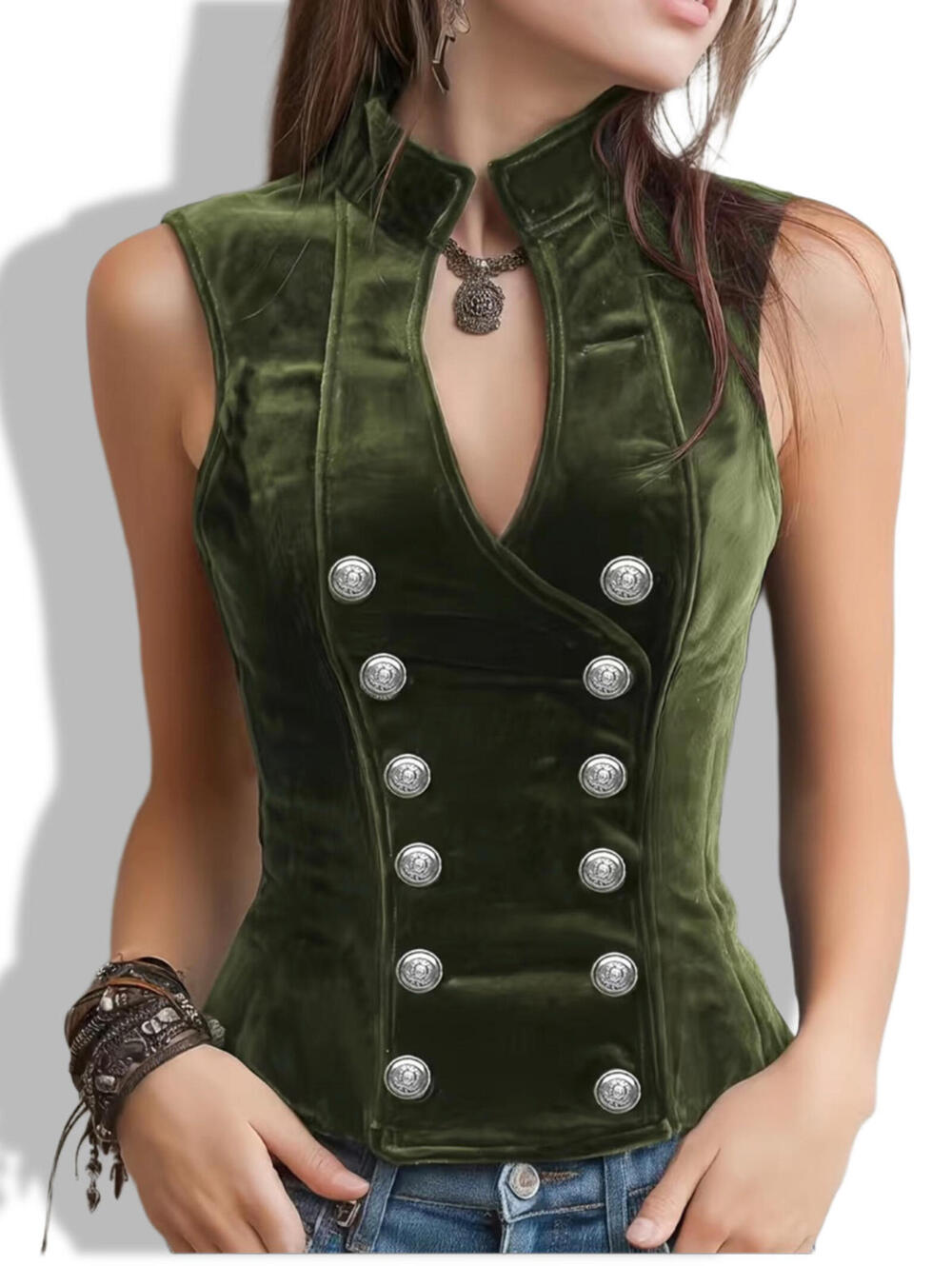 NEW Y2K Retro SZ M Velvet Green Boho Double-Breast Button-Up Vintage Vest Top